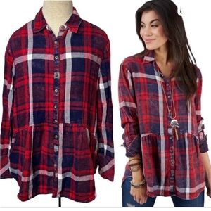 Free People “Easy Street”Distressed Red Plaid Flannel w/ Side Pockets Size L